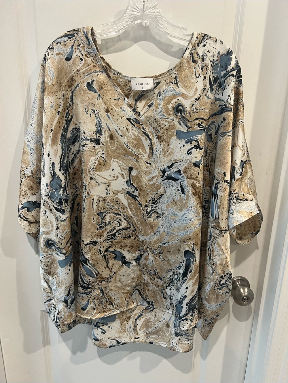 Adrienne Marble-Print Tunic in Cream, Tan & Blue Size Small Oversized